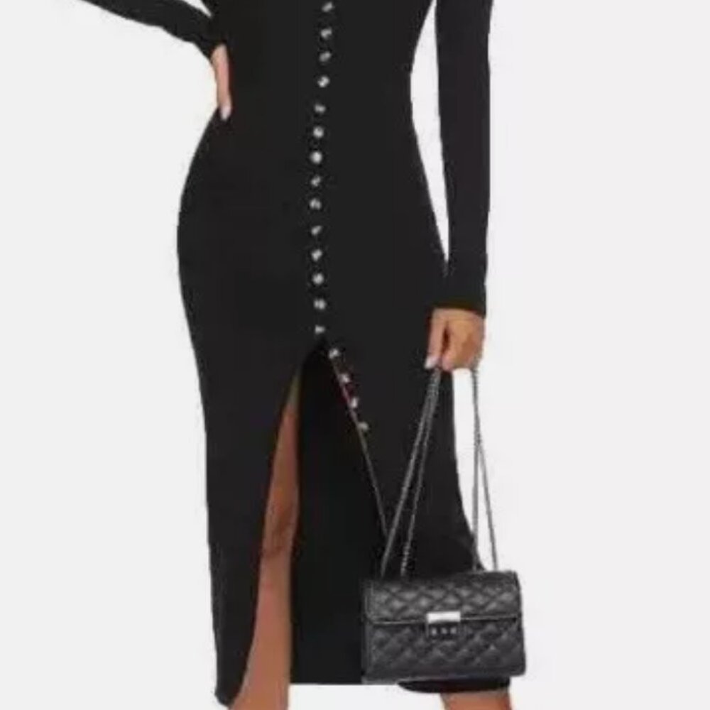 Black Buttoned Down Knit Long Sleeve Dress